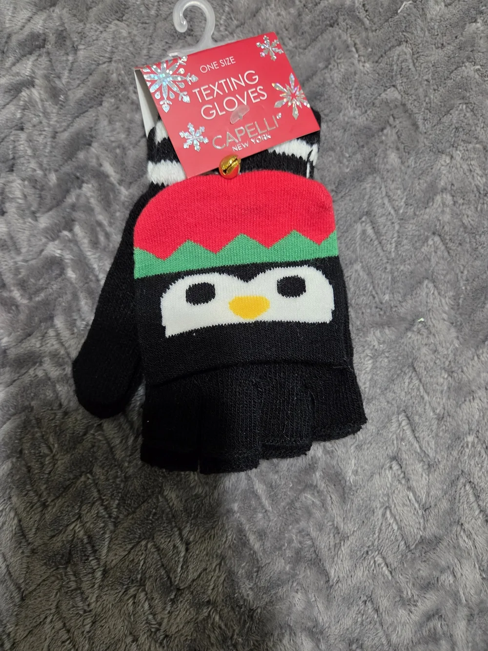 Capelli of New York Kids Black Penguin Flip-Top Mittens with Red & Green Accents